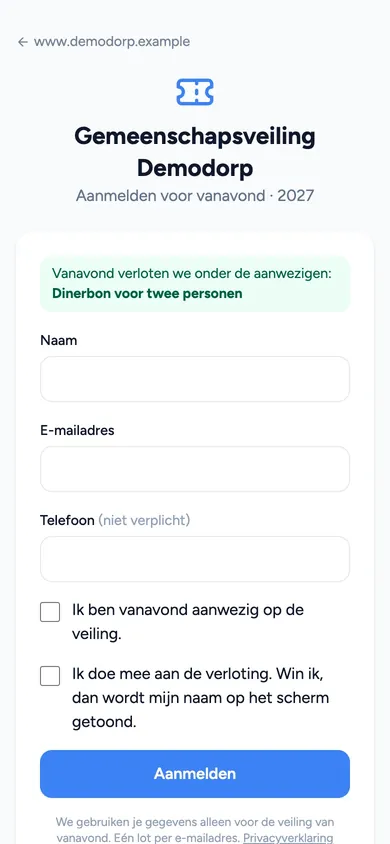 Aanmelden voor de verloting op een telefoon: een formulier met naam, e-mailadres en een vinkje om mee te doen aan de verloting.