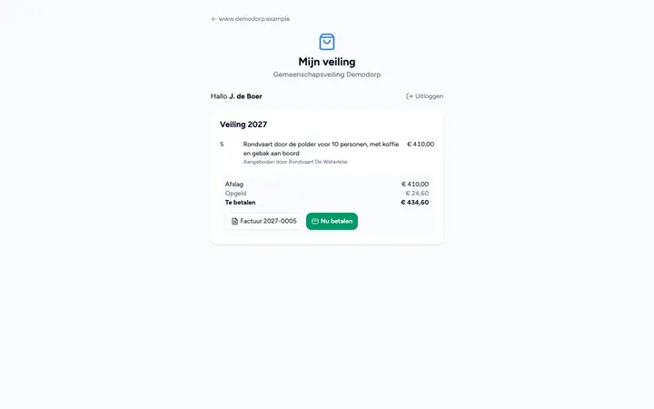 Het kopersportaal op de computer: de koper ziet zijn gekochte koopje, het bedrag met opgeld, de factuur en een knop Nu betalen.