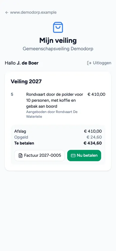 Het kopersportaal op een telefoon: een koper ziet zijn gekochte koopje, het bedrag inclusief opgeld en een knop Nu betalen.