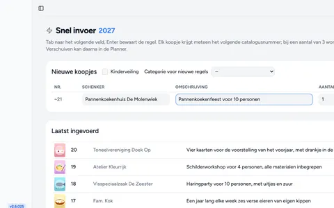 Het scherm Snel invoer: bovenin een regel om een nieuw koopje te typen, daaronder de laatst ingevoerde koopjes met schenker en omschrijving.